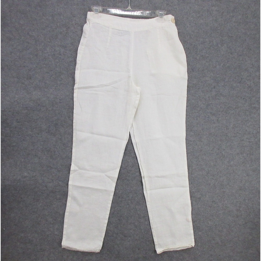 FLAX Designs Linen Pants XS White  Side Button Elastic Waistband New